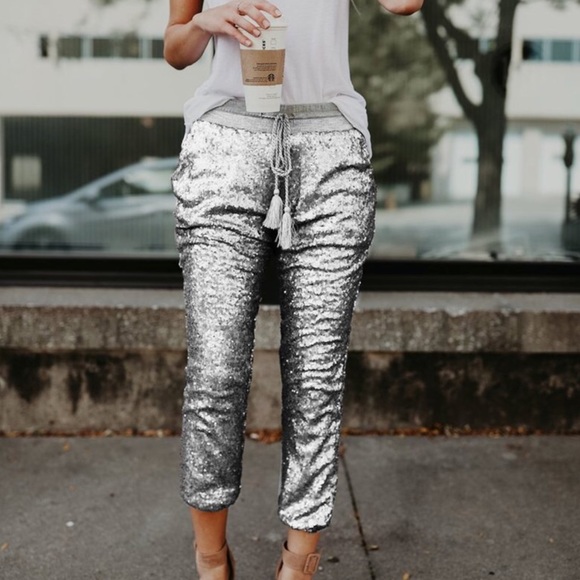 SALE. SILVER SEQUIN ANKLE JOGGERS 1 left - Picture 3 of 8